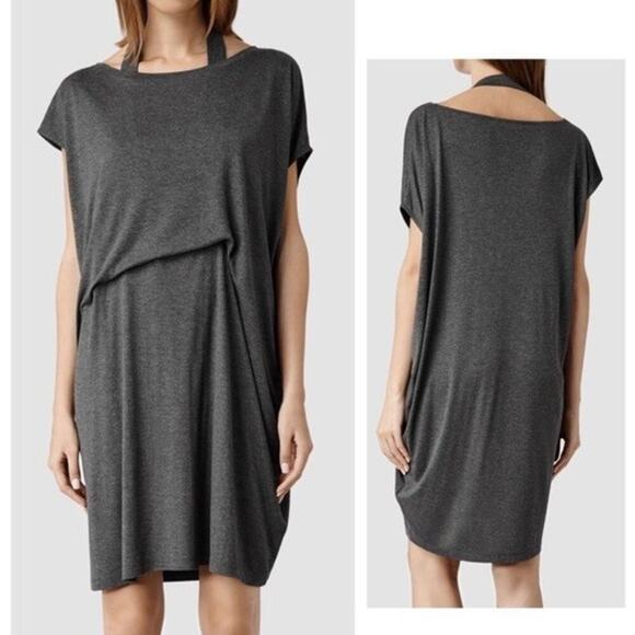 All Saints Pari Draped Grey Soft Jersey Mini Dress (L) - Picture 1 of 11